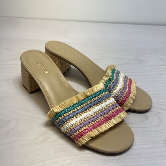 J. Crew Rainbow Raffia Woven Mule Sandals Size 8 Straw Striped Natural Boho - Picture 1 of 11